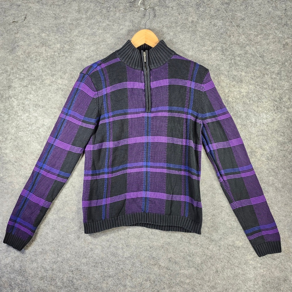 Lauren Ralph Lauren Women P/M Purple Black Plaid Quarter Zip Cotton Sweater - Picture 1 of 12
